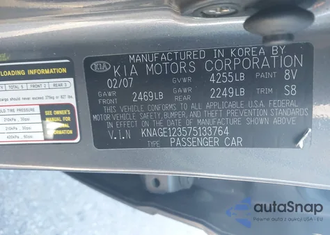 2007 Kia Optima Lx z USA, uszkodzony, nr VIN KNAGE123575133764